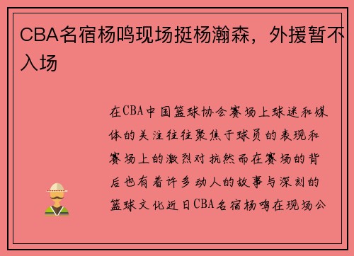 CBA名宿杨鸣现场挺杨瀚森，外援暂不入场