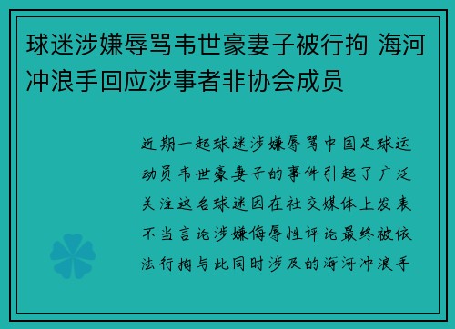 球迷涉嫌辱骂韦世豪妻子被行拘 海河冲浪手回应涉事者非协会成员